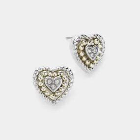 14K Gold Plated Stone Paved Two-Tone Heart Earrings