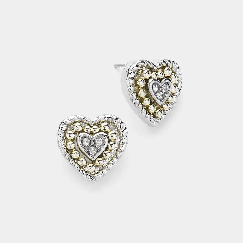 14K Gold Plated Stone Paved Two-Tone Heart Earrings