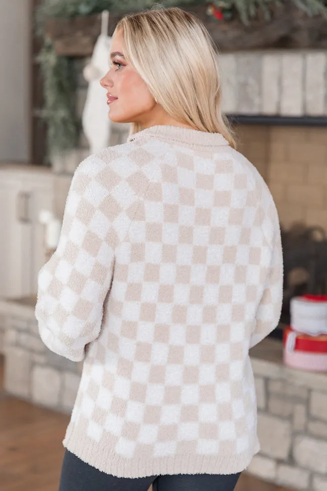 All Cozied Up Beige Fuzzy Checkered Quarter Zip Pullover FINAL SALE