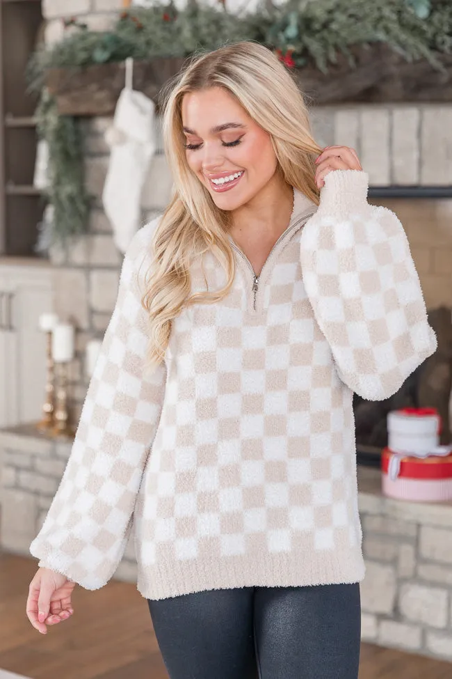 All Cozied Up Beige Fuzzy Checkered Quarter Zip Pullover FINAL SALE