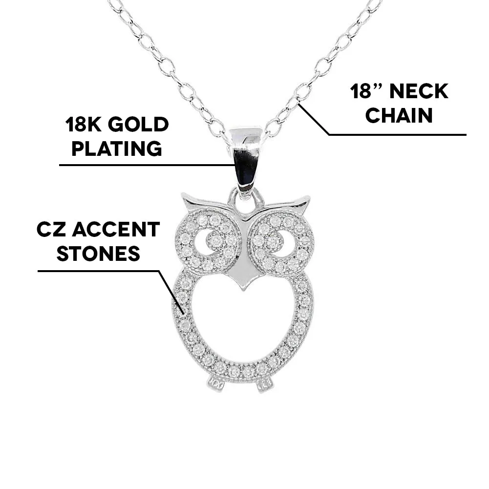 Ari Wisdom 18k White Gold Plated Owl Pendant Necklace with CZ Crystals