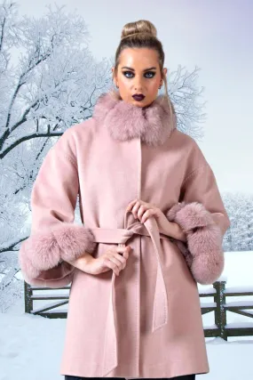 Cappotto in lana cashmere rosa invernale foderato con collo e polsi in pelo naturale