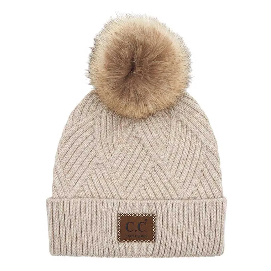 C.C Heather Beanie Hat With Pom Pom And Suede Patch