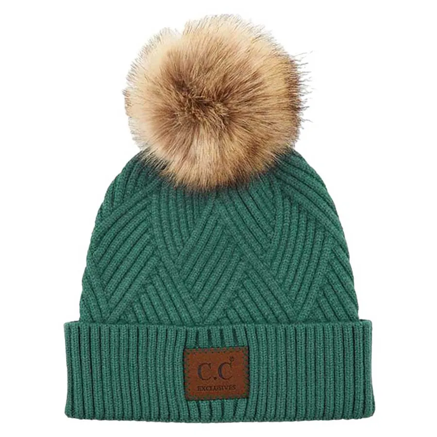 C.C Heather Beanie Hat With Pom Pom And Suede Patch