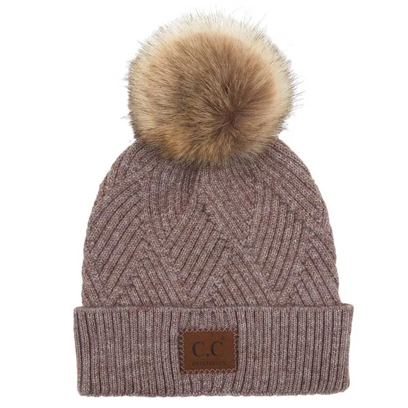 C.C Heather Beanie Hat With Pom Pom And Suede Patch