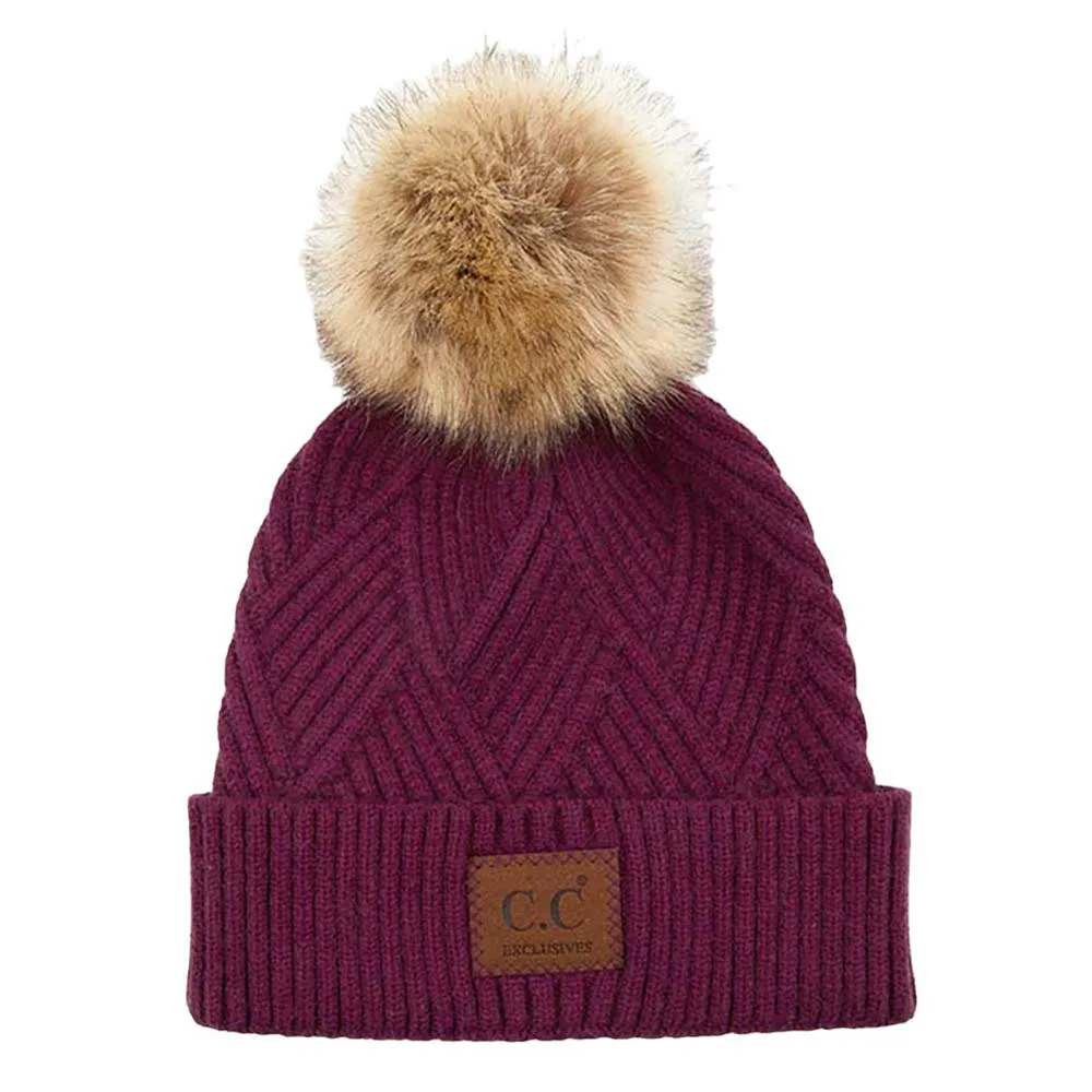 C.C Heather Beanie Hat With Pom Pom And Suede Patch