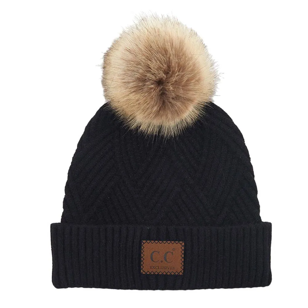 C.C Heather Beanie Hat With Pom Pom And Suede Patch