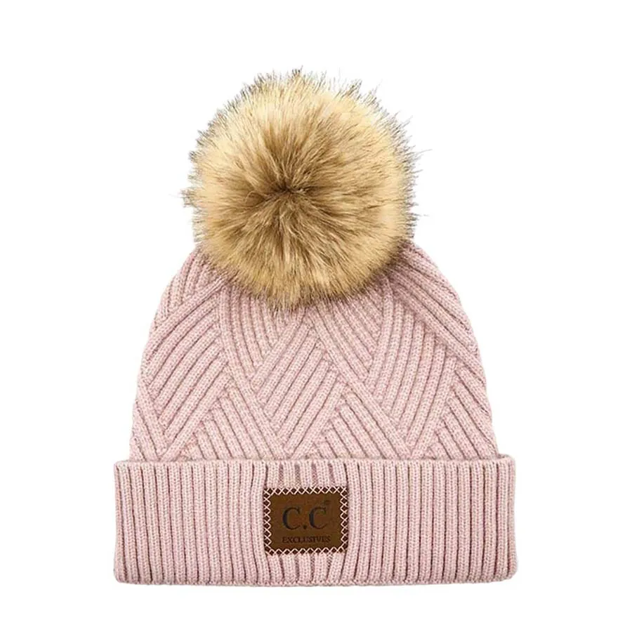 C.C Heather Beanie Hat With Pom Pom And Suede Patch