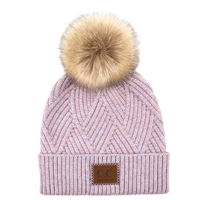 C.C Heather Beanie Hat With Pom Pom And Suede Patch