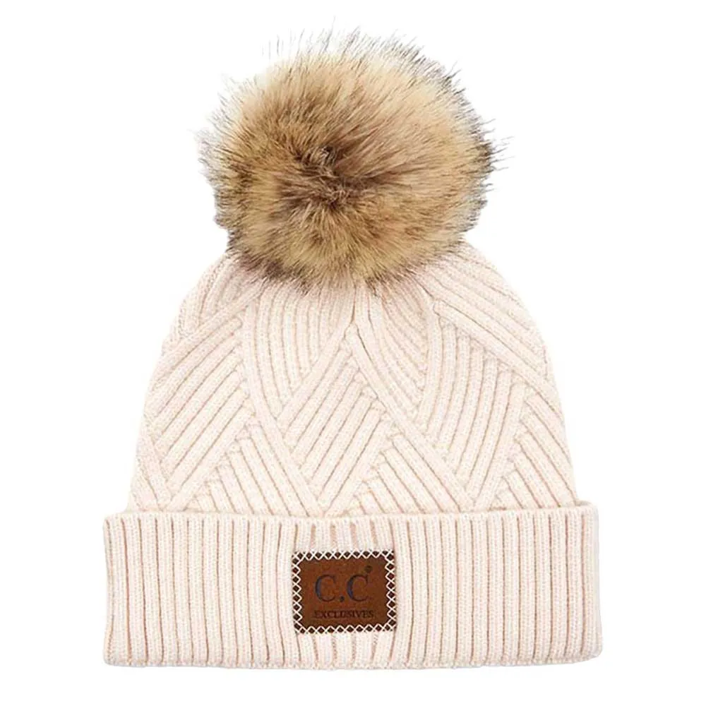 C.C Heather Beanie Hat With Pom Pom And Suede Patch