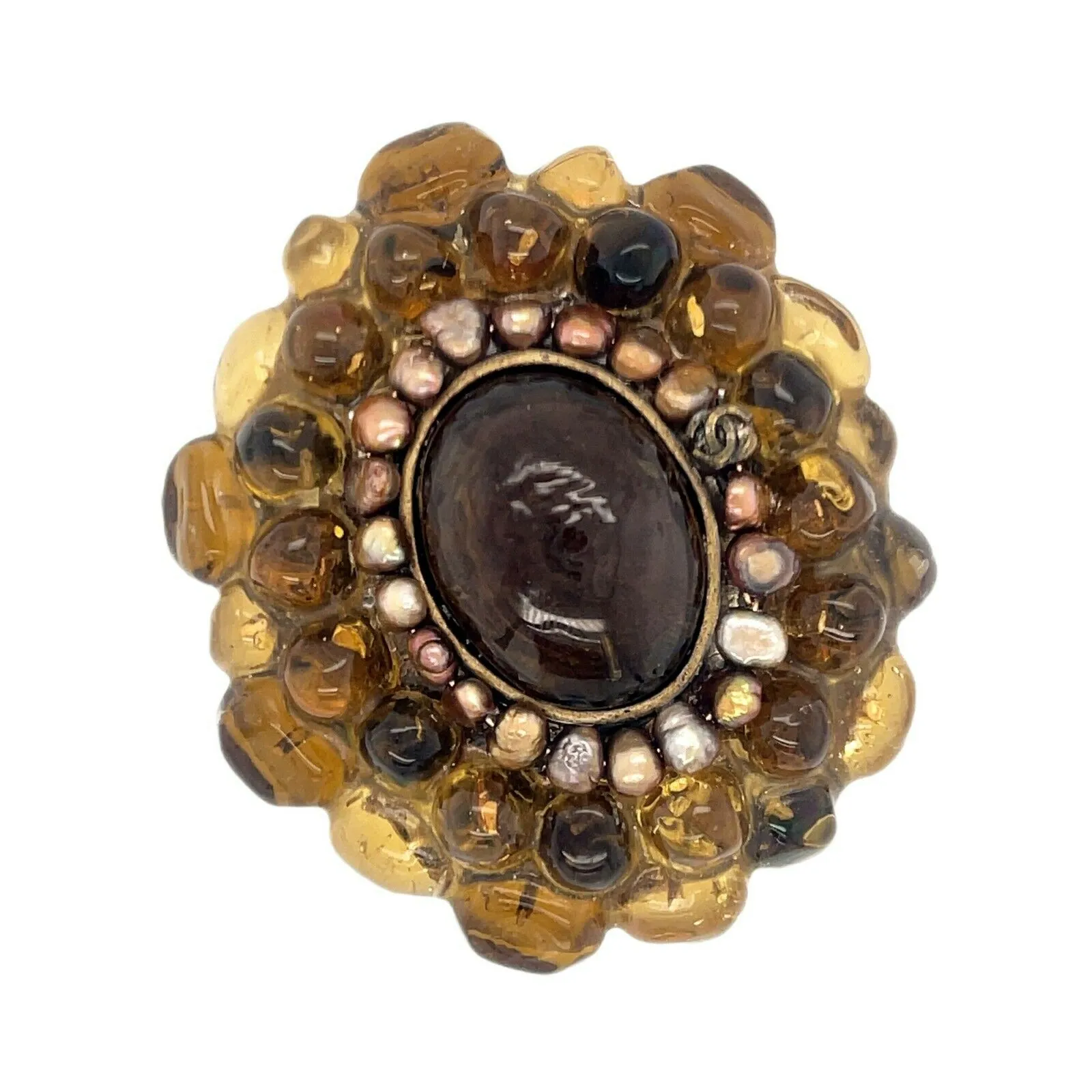 CHANEL - 00A Gripoix Brooch - Amber Glass & Pearl CC Logo - Antique Gold