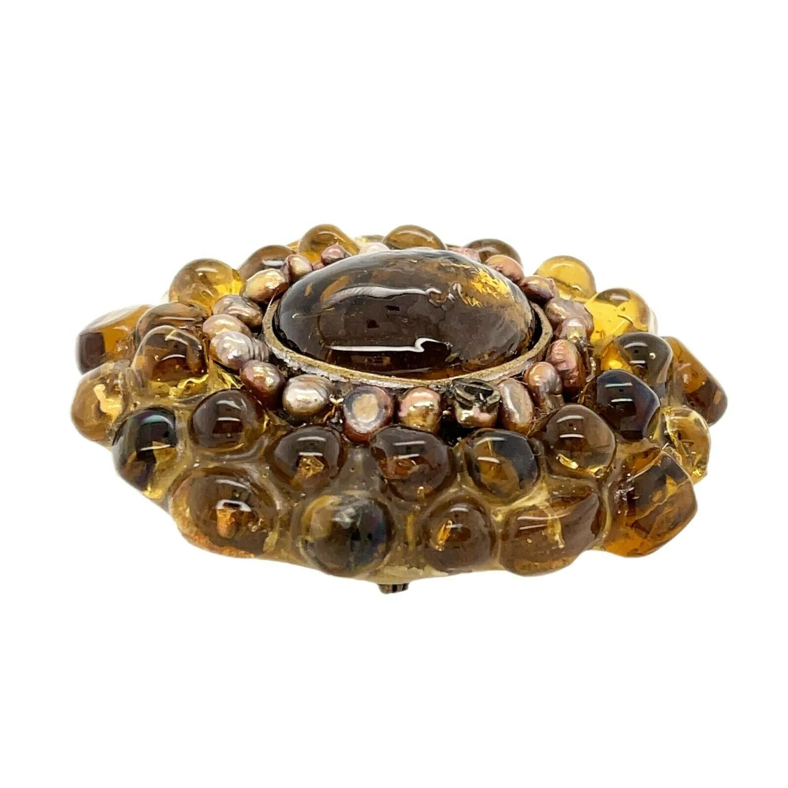 CHANEL - 00A Gripoix Brooch - Amber Glass & Pearl CC Logo - Antique Gold