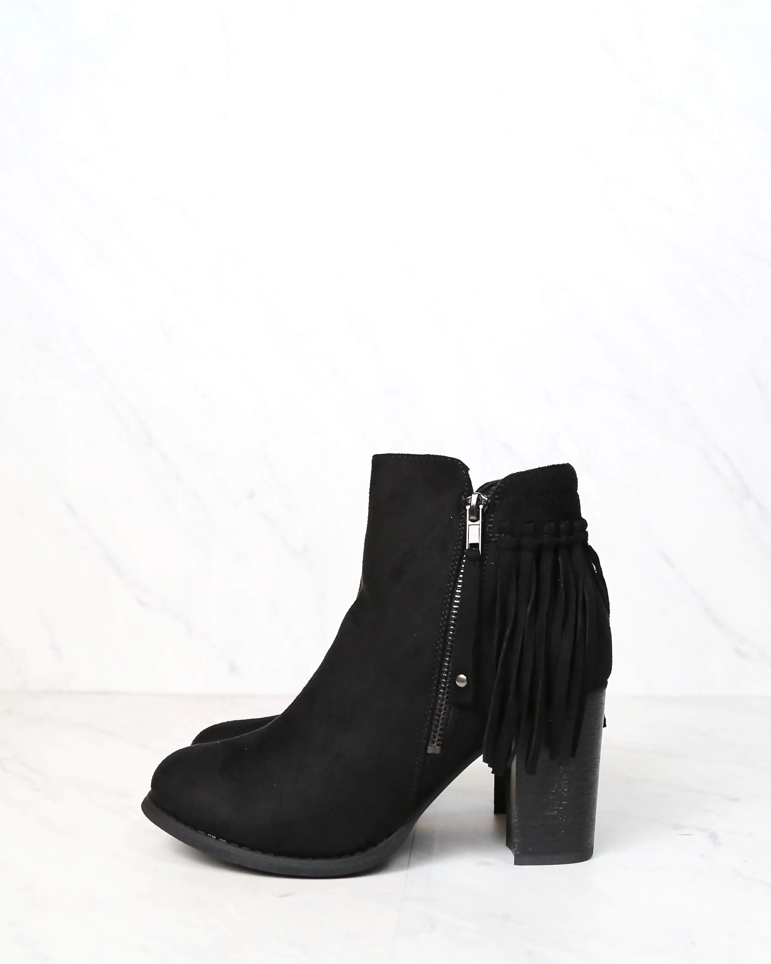 City Chic Fringe Vegan Suede Ankle Boots in Black