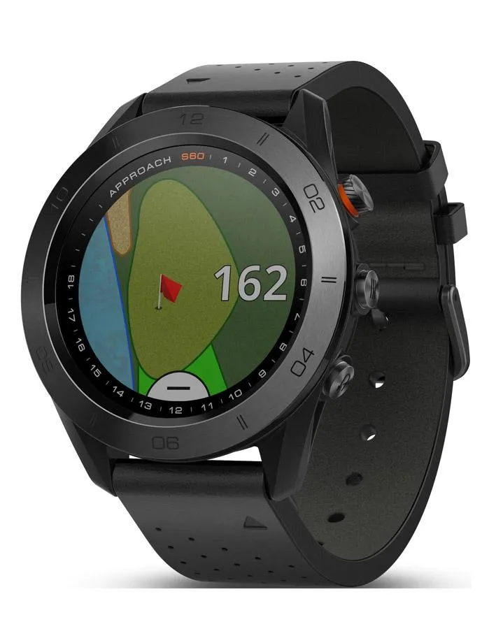 Garmin Approach S60 Premium Golf Watch - Black Ceremic - Black Leather Band