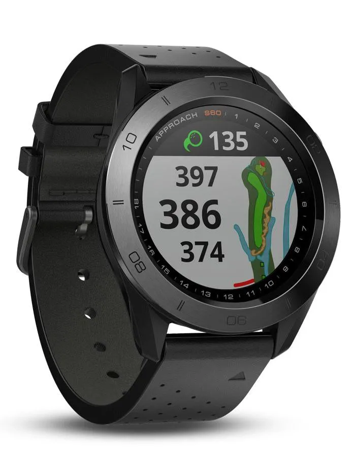 Garmin Approach S60 Premium Golf Watch - Black Ceremic - Black Leather Band