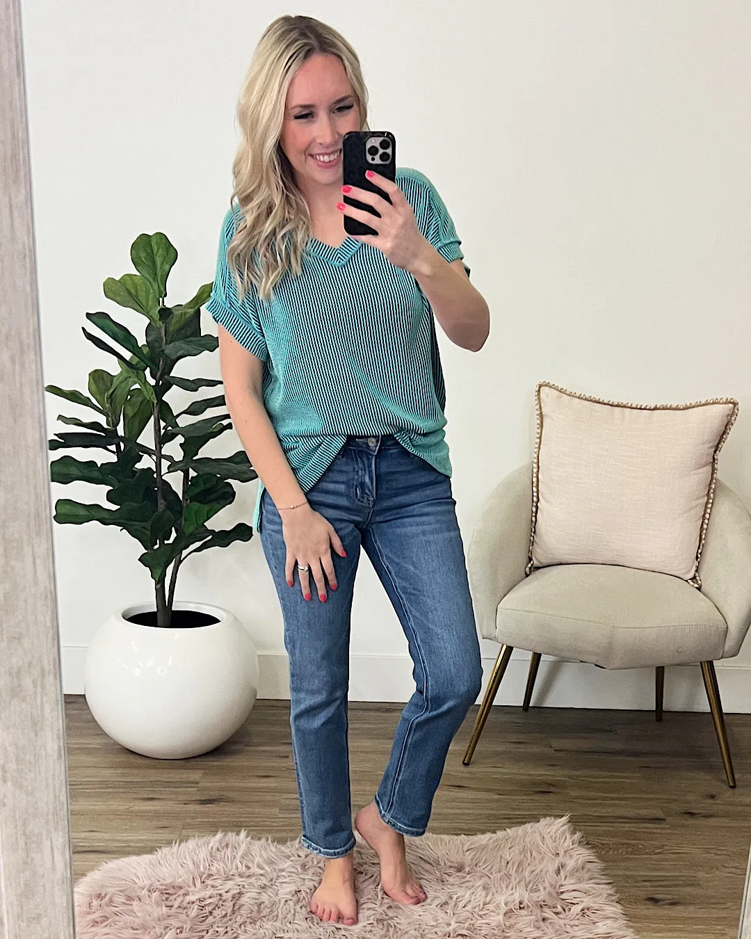 Hendrix Corded V Neck Top - Turquoise