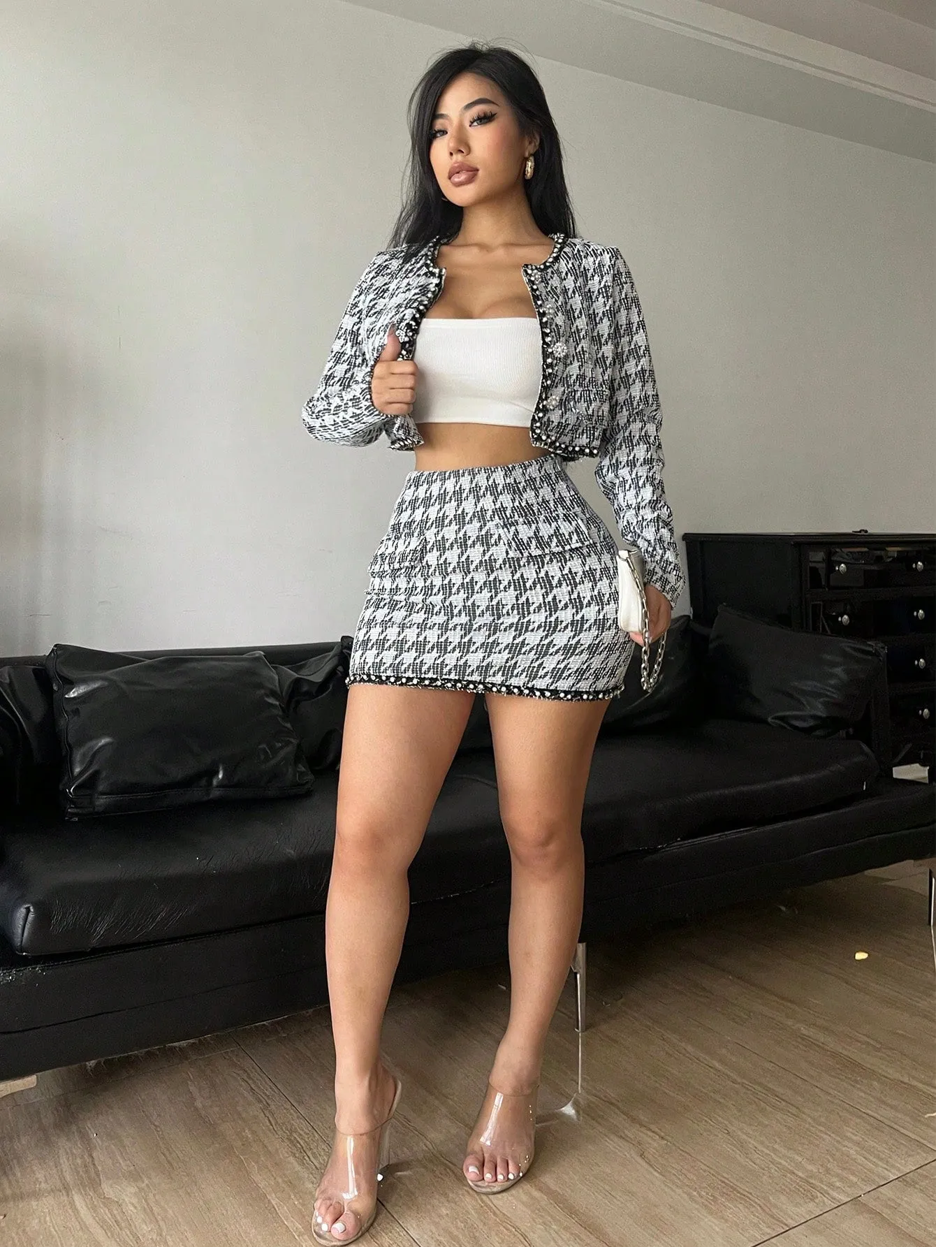 Houndstooth Crop Jacket Skirt Set