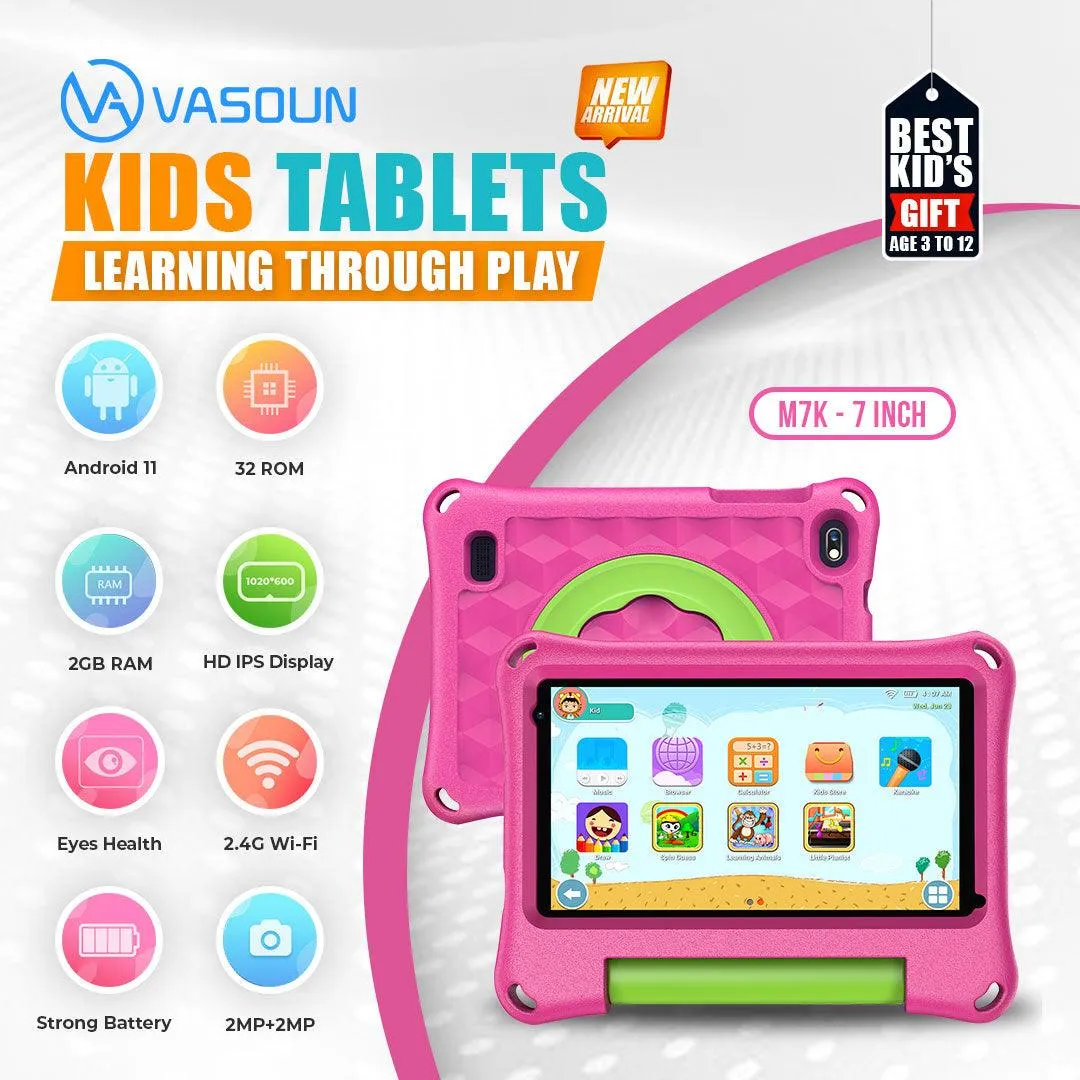 Kids 7 Inch Wifi Tablet, Touch Screen, Android 11, Pre-Installed iWawa Kids and Parental Control, Quad Core Processor, 2GB RAM, 32GB ROM,  2MP Front   2MP Rear Camera, with Kids-Tablet Case