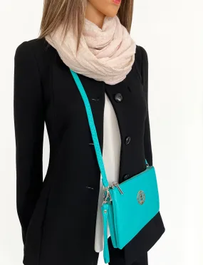 LARGE MULTI-COMPARTMENT CROSS-BODY PURSE BAG WITH WRIST AND LONG STRAPS - TURQUOISE