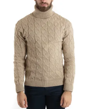 Maglioncino Uomo Collo Alto Maglia Inglese Con Trecce Beige Pullover Dolcevita GIOSAL-M2713A