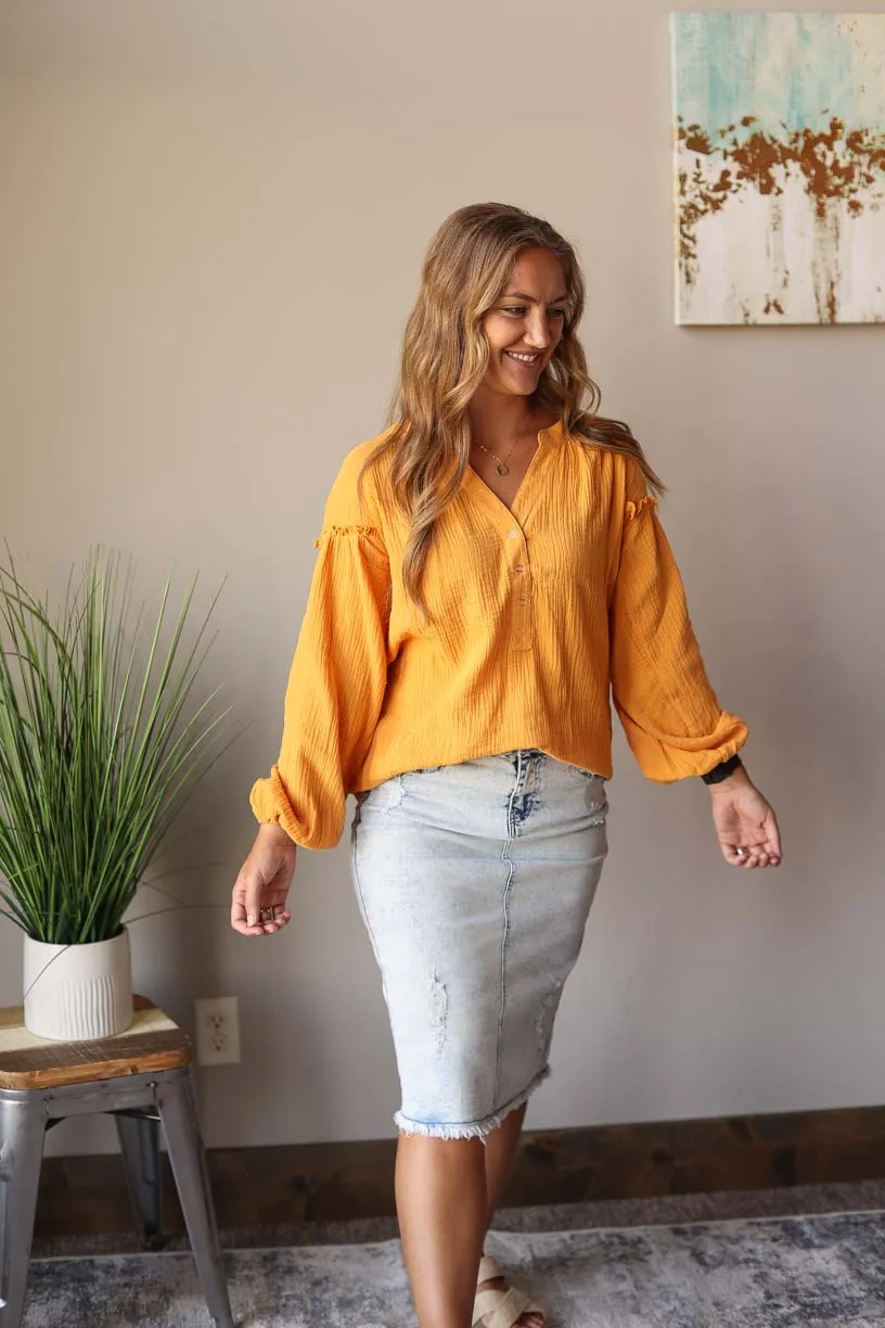 Mustard Balloon Long Sleeve Crinkled Top • S, M