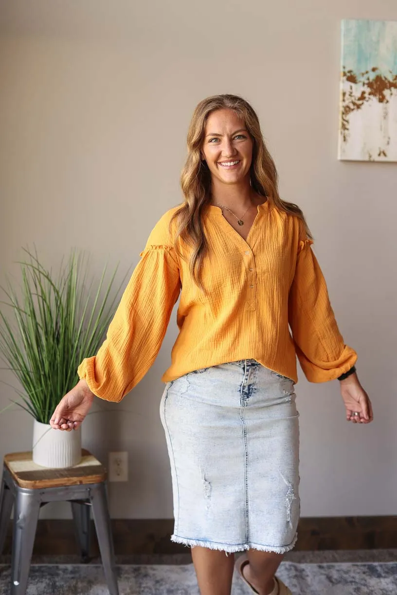 Mustard Balloon Long Sleeve Crinkled Top • S, M