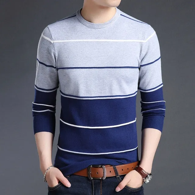 New Fashion Brand Sweater Men's Pullover Striped Slim Fit Jumpers Knitted Woolen Autumn Korean Style Casual Men Clothes