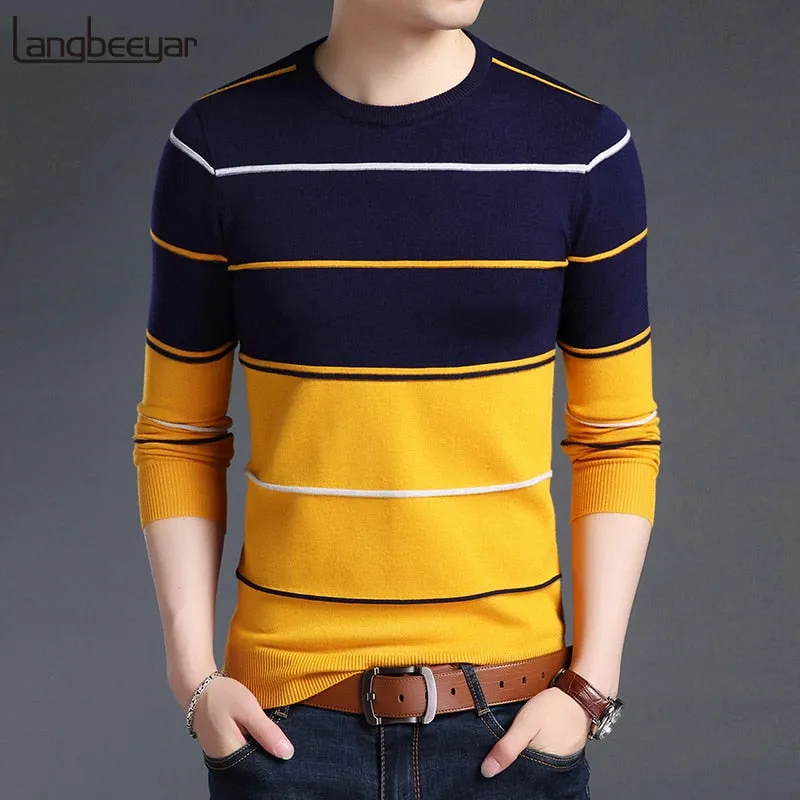 New Fashion Brand Sweater Men's Pullover Striped Slim Fit Jumpers Knitted Woolen Autumn Korean Style Casual Men Clothes