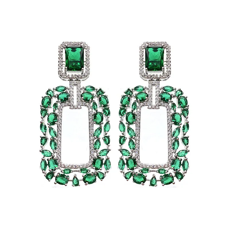 【ODN-E3185】Light luxury Style High-end Emerald Heavy Industry Earrings Geometric Rectangular Zircon Inlaid S925 Silver Needle Earrings