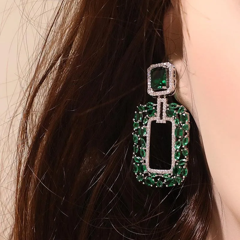 【ODN-E3185】Light luxury Style High-end Emerald Heavy Industry Earrings Geometric Rectangular Zircon Inlaid S925 Silver Needle Earrings