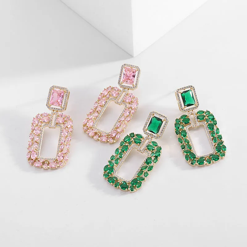 【ODN-E3185】Light luxury Style High-end Emerald Heavy Industry Earrings Geometric Rectangular Zircon Inlaid S925 Silver Needle Earrings