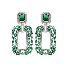 【ODN-E3185】Light luxury Style High-end Emerald Heavy Industry Earrings Geometric Rectangular Zircon Inlaid S925 Silver Needle Earrings