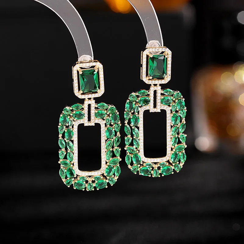 【ODN-E3185】Light luxury Style High-end Emerald Heavy Industry Earrings Geometric Rectangular Zircon Inlaid S925 Silver Needle Earrings