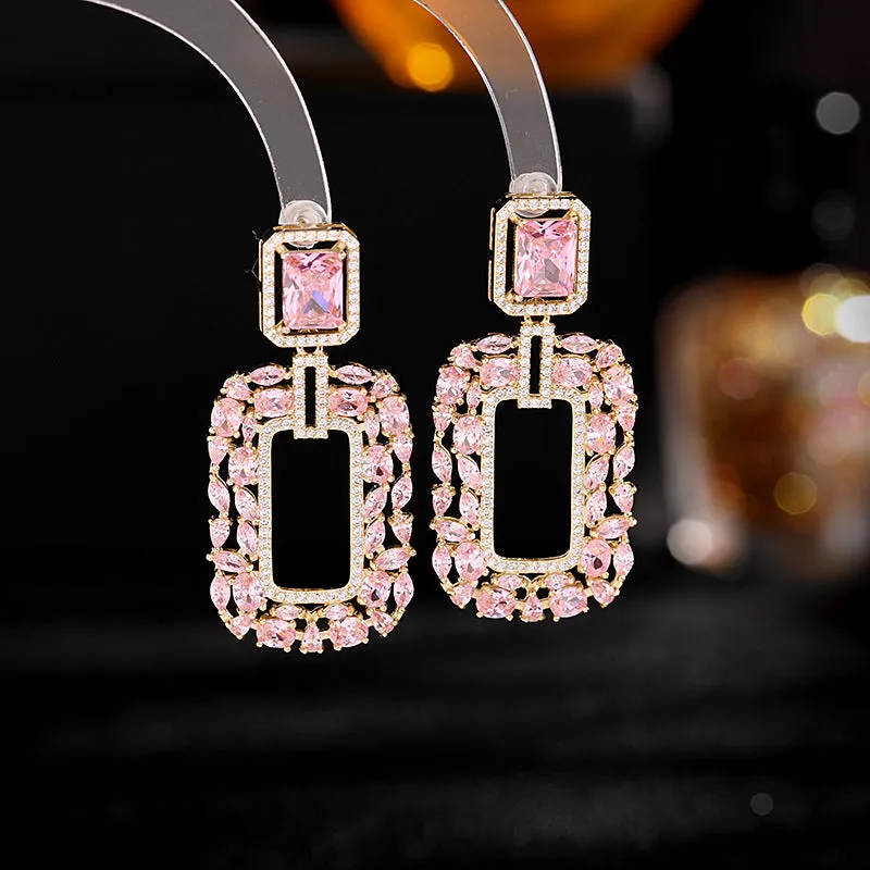 【ODN-E3185】Light luxury Style High-end Emerald Heavy Industry Earrings Geometric Rectangular Zircon Inlaid S925 Silver Needle Earrings