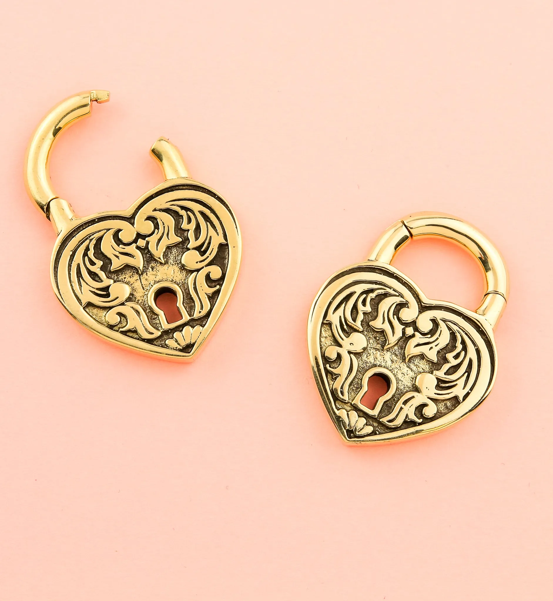 Ornate Heart Lock Brass Hinged Ear Weights