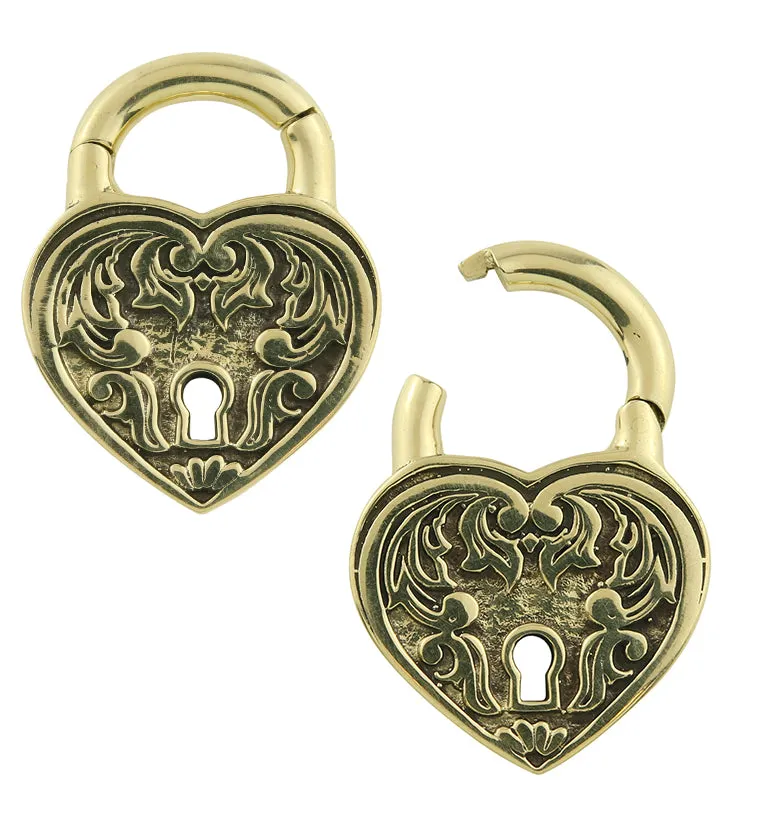 Ornate Heart Lock Brass Hinged Ear Weights