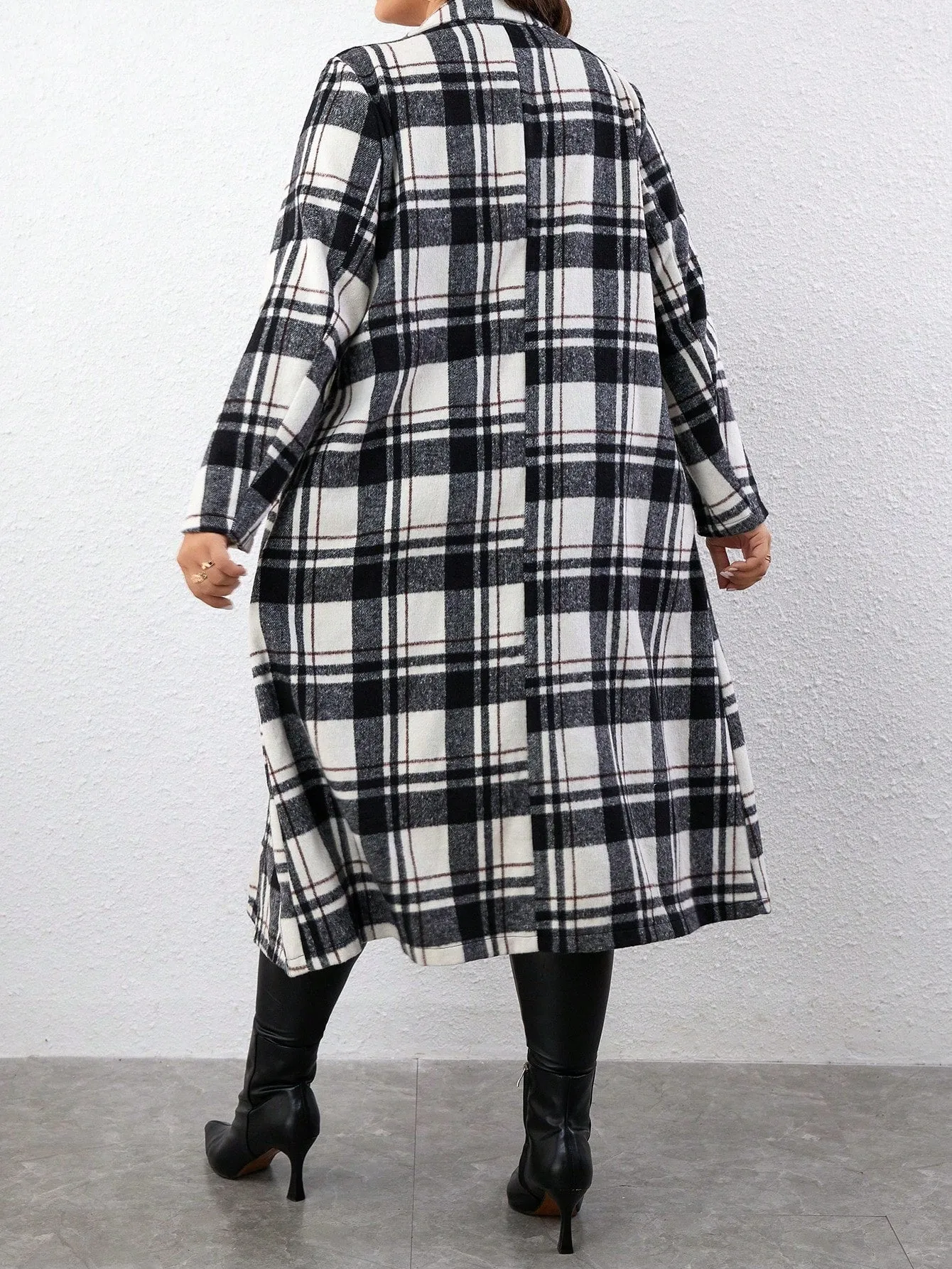 Plus Plaid Lapel Neck Overcoat