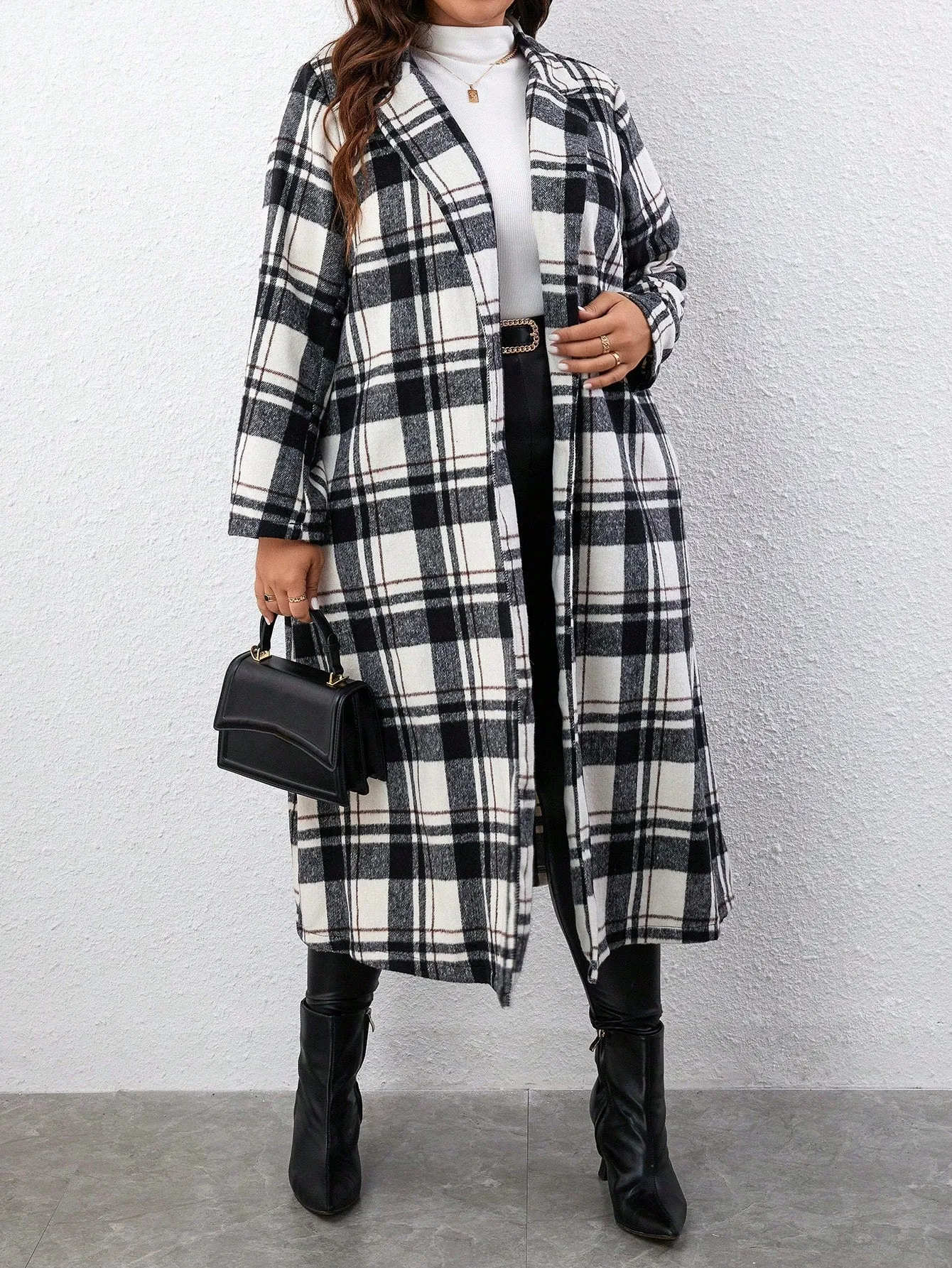 Plus Plaid Lapel Neck Overcoat