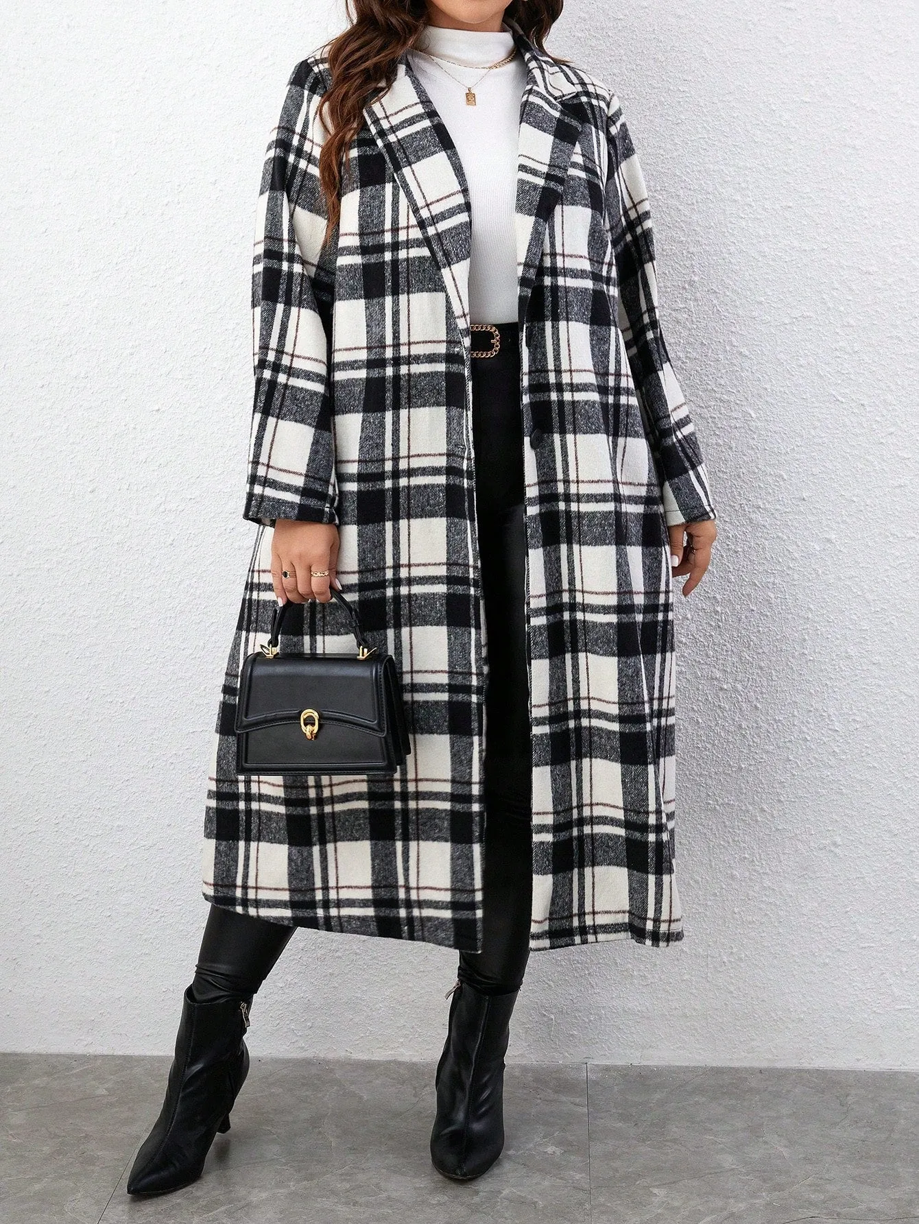 Plus Plaid Lapel Neck Overcoat