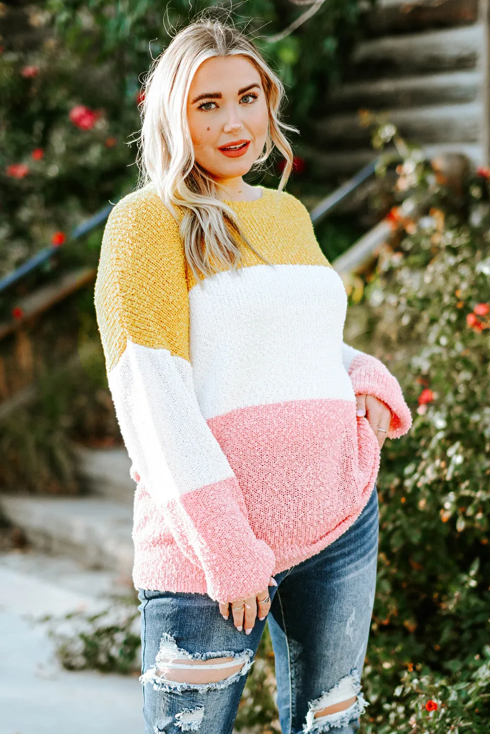 Plus Size Longsleeve Round Neck Colorblock Sweater