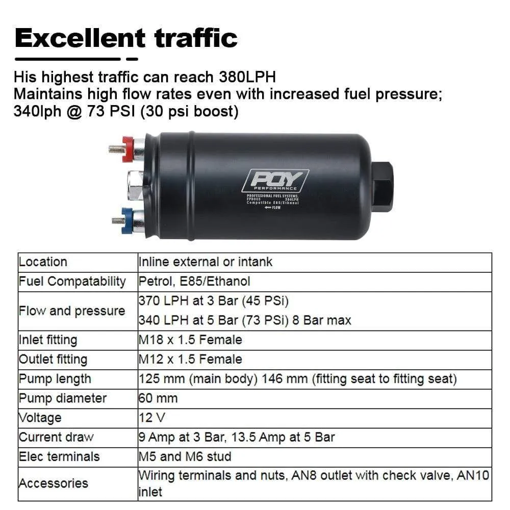 PQY 380LPH Inline External Fuel Pump 10AN Inlet Check Vavle 8AN Outlet Fittings E85 Compatible 044 Style Fuel Pump