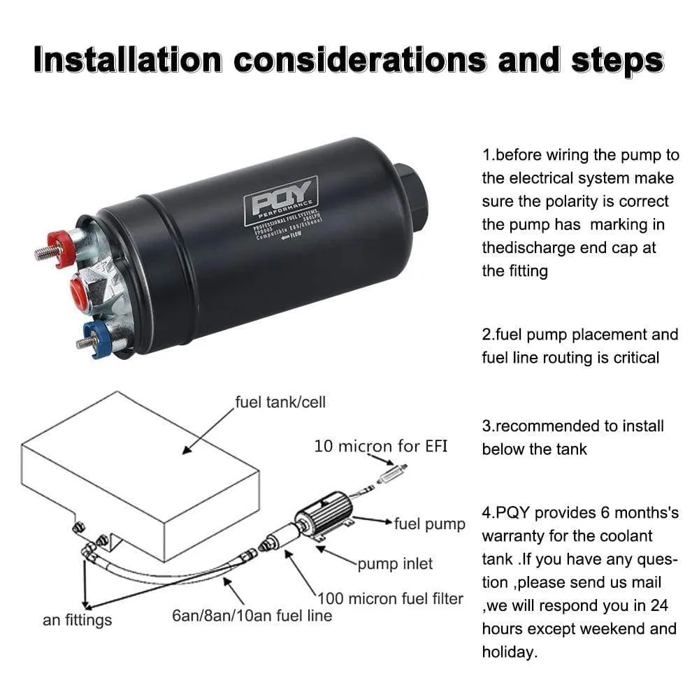 PQY 380LPH Inline External Fuel Pump 10AN Inlet Check Vavle 8AN Outlet Fittings E85 Compatible 044 Style Fuel Pump