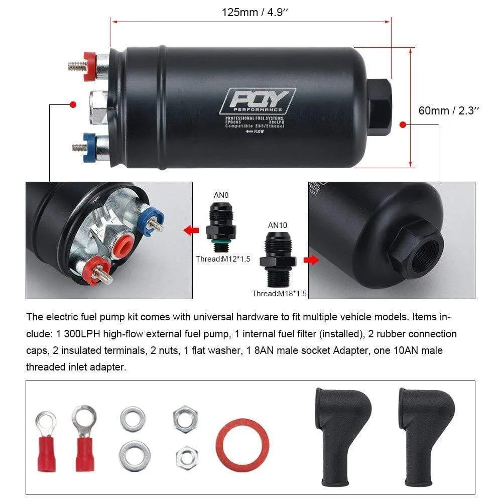 PQY 380LPH Inline External Fuel Pump 10AN Inlet Check Vavle 8AN Outlet Fittings E85 Compatible 044 Style Fuel Pump