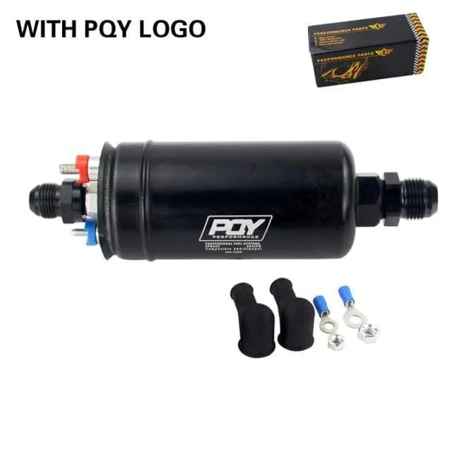 PQY 380LPH Inline External Fuel Pump 10AN Inlet Check Vavle 8AN Outlet Fittings E85 Compatible 044 Style Fuel Pump