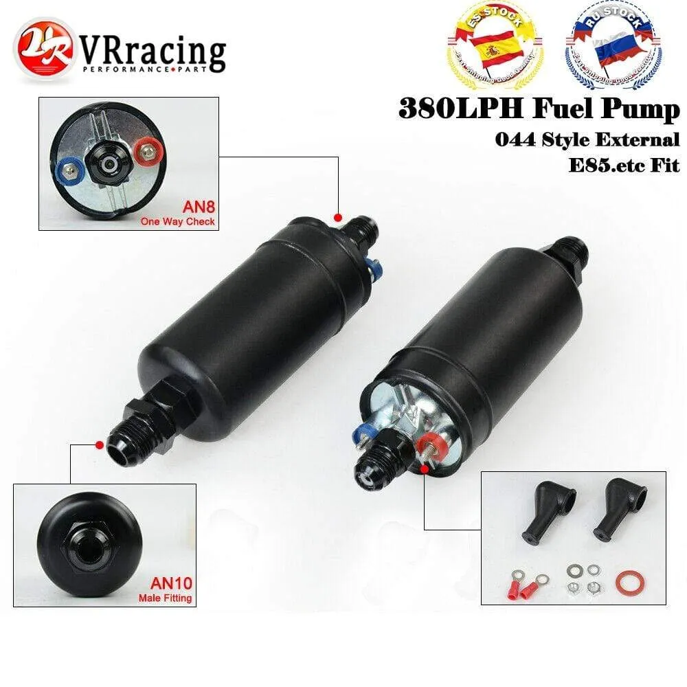 PQY 380LPH Inline External Fuel Pump 10AN Inlet Check Vavle 8AN Outlet Fittings E85 Compatible 044 Style Fuel Pump