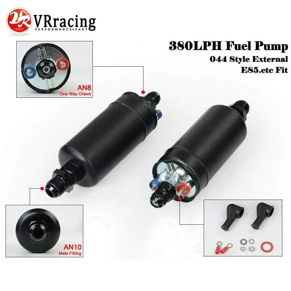 PQY 380LPH Inline External Fuel Pump 10AN Inlet Check Vavle 8AN Outlet Fittings E85 Compatible 044 Style Fuel Pump