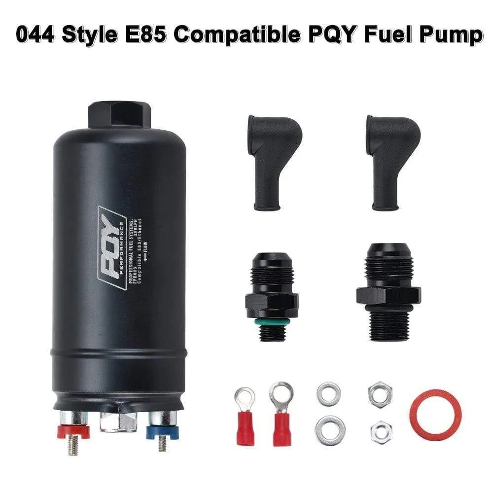 PQY 380LPH Inline External Fuel Pump 10AN Inlet Check Vavle 8AN Outlet Fittings E85 Compatible 044 Style Fuel Pump