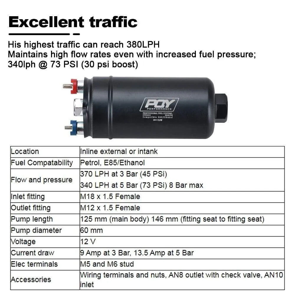 PQY 380LPH Inline External Fuel Pump 10AN Inlet Check Vavle 8AN Outlet Fittings E85 Compatible 044 Style Fuel Pump