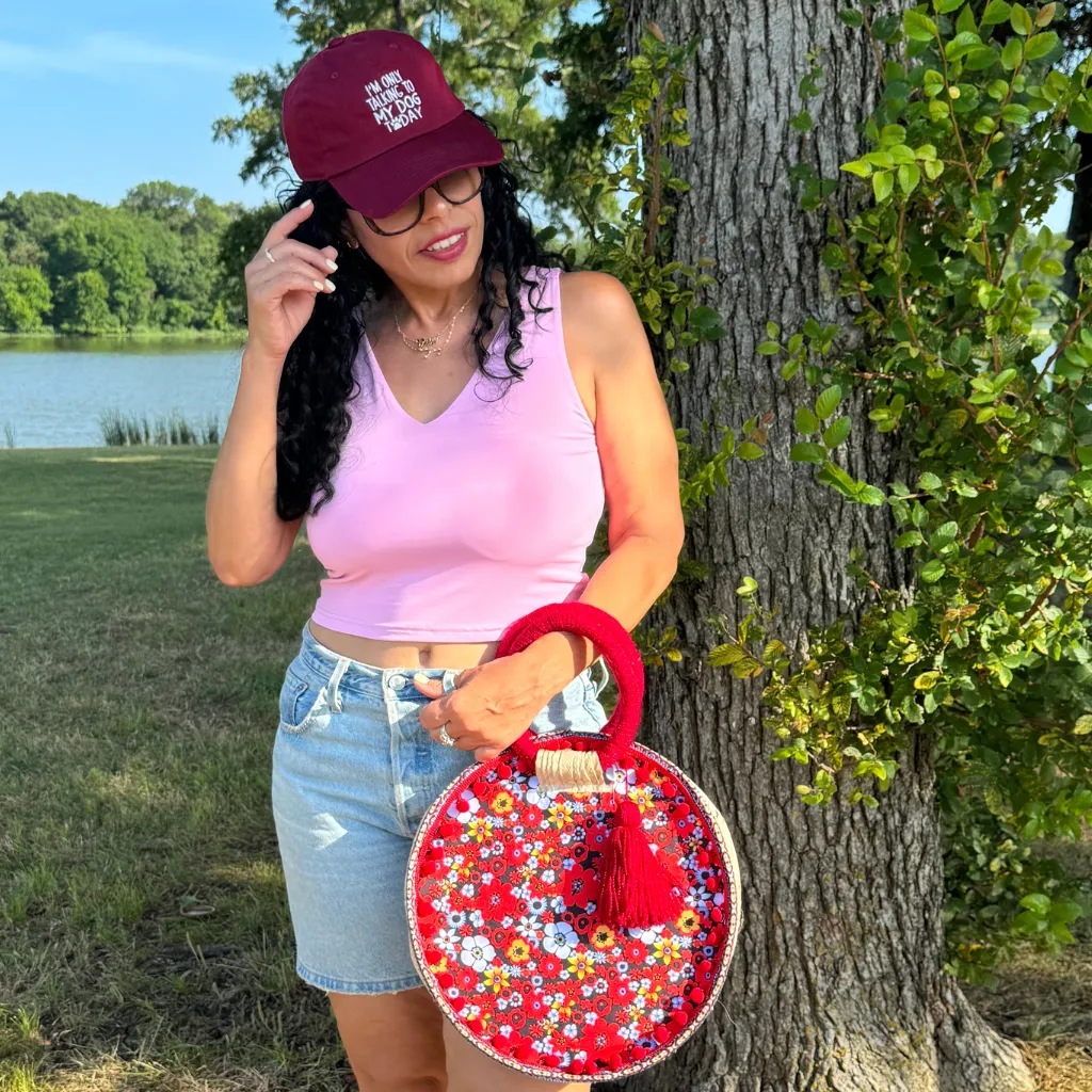 Red Poms Straw Round Bag with circular Handle