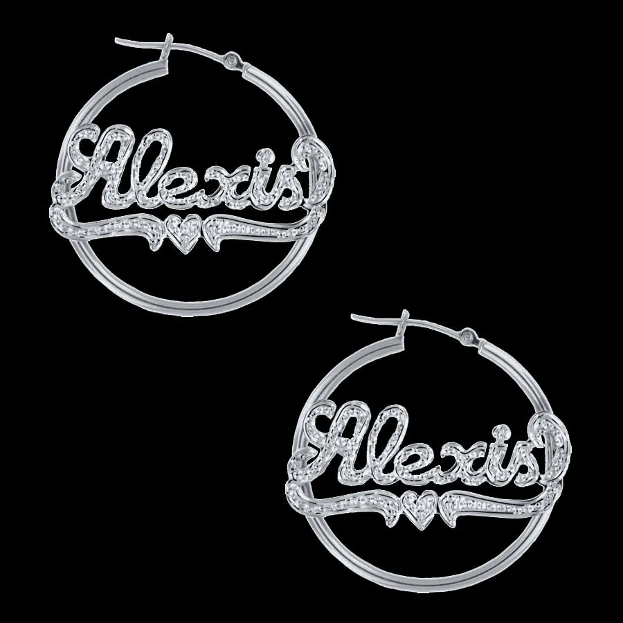 Rhodium Cut Name Hoop Earrings with Heart